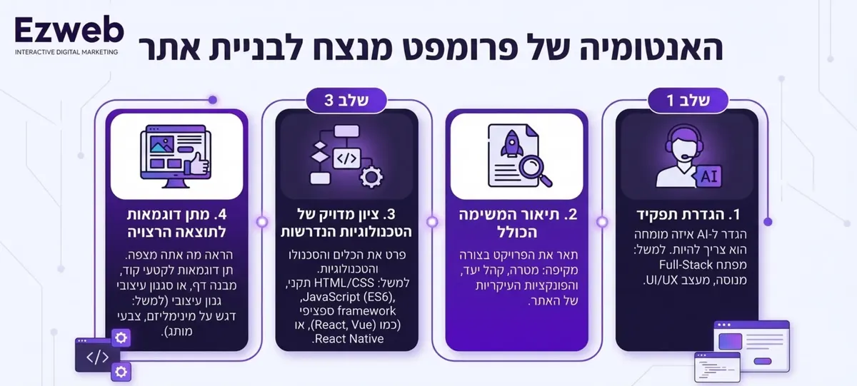 אינפוגרפיקה המציגה את האנטומיה של פרומפט מנצח לבניית אתר, מחולקת לארבעה שלבים ברורים: הגדרת תפקיד, תיאור המשימה הכולל, ציון מדויק של הטכנולוגיות הנדרשות ומתן דוגמאות לתוצאה הרצויה
