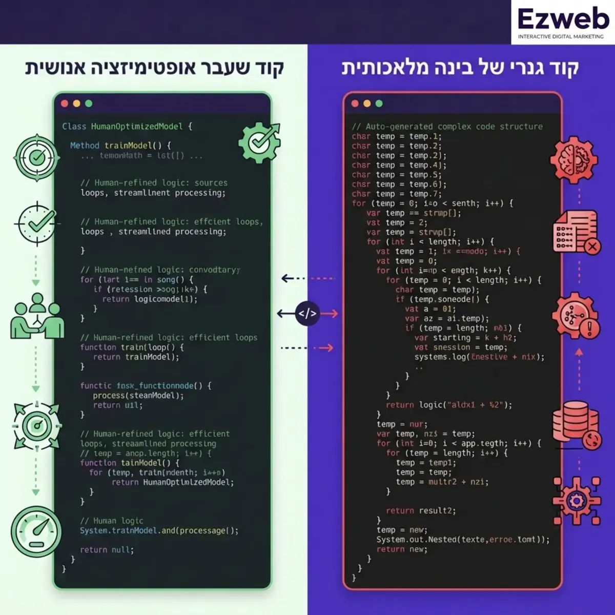 אינפוגרפיקה המחלקת את המסך לשניים. בצד ימין מוצג קוד מסורבל וארוך בצבע אדום המייצג קוד גנרי של בינה מלאכותית. בצד שמאל מוצג קוד נקי קצר ומסודר בצבע ירוק המייצג קוד שעבר אופטימיזציה אנושית