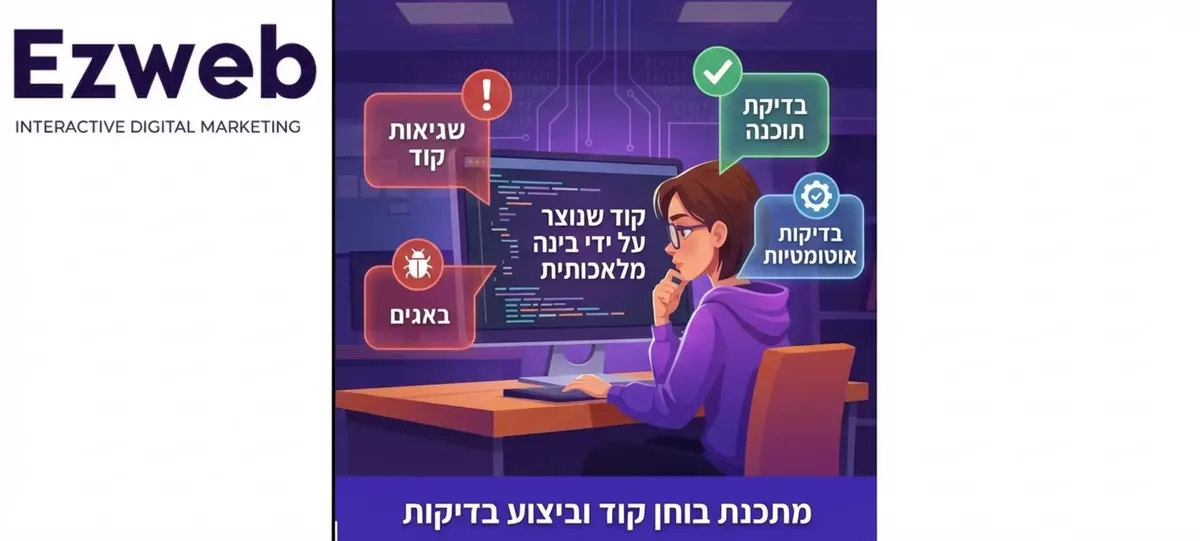 תמונה המציגה מתכנת יושב מול מסך מחשב ובוחן קוד שנוצר על ידי בינה מלאכותית כאשר ברקע מופיעים סמלים של שגיאות קוד ובדיקת תוכנה