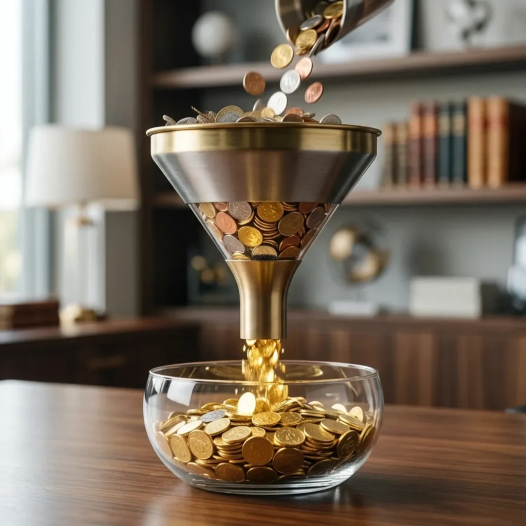 גרפיקה של משפך המרות (Funnel) עם מטבעות, המדגישה את הקשר בין איכות העמוד לאחוזי ההמרה.