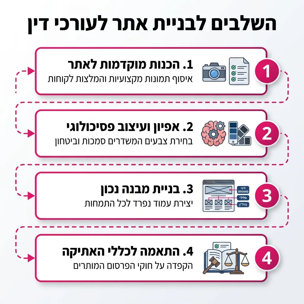 אינפוגרפיקה — השלבים לבניית אתר לעורכי דין: הכנות מוקדמות לאתר, אפיון ועיצוב פסיכולוגי, בניית מבנה נכון, התאמה לכללי האתיקה