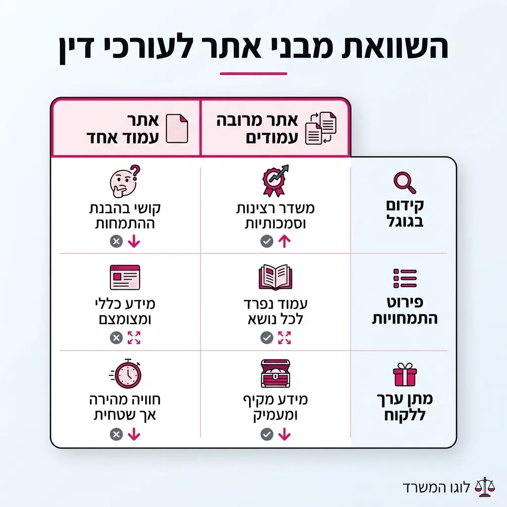אינפוגרפיקה — השוואת מבני אתר לעורכי דין: השוואה בין אתר עמוד אחד, אתר מרובה עמודים