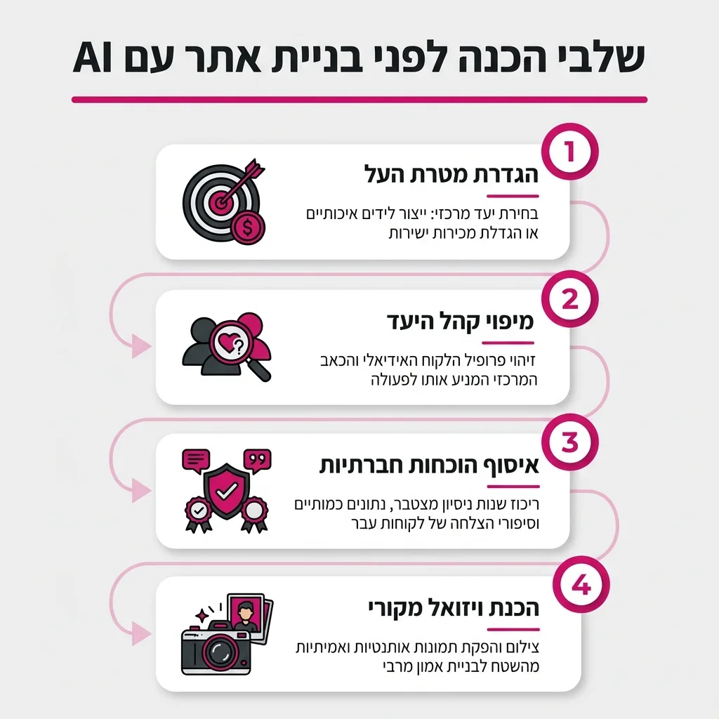 אינפוגרפיקה — שלבי הכנה לפני בניית אתר עם AI: הגדרת מטרת העל, מיפוי קהל היעד, איסוף הוכחות חברתיות, הכנת ויזואל מקורי