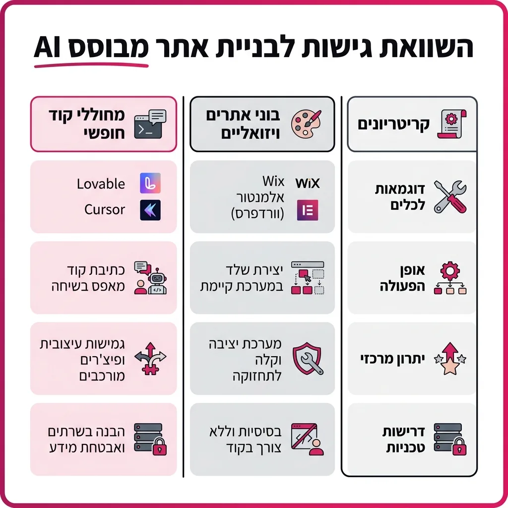 אינפוגרפיקה — השוואת גישות לבניית אתר מבוסס AI: השוואה בין בוני אתרים ויזואליים, מחוללי קוד חופשי