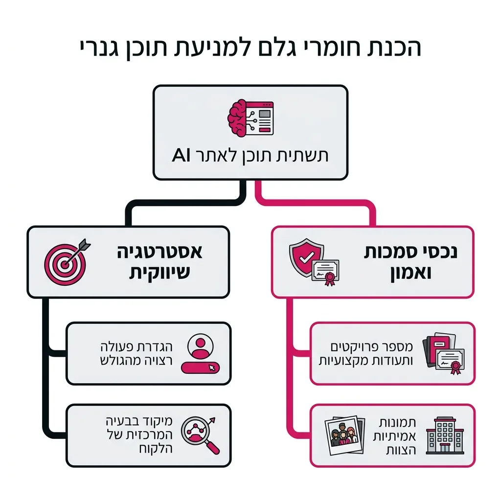 אינפוגרפיקה — הכנת חומרי גלם למניעת תוכן גנרי: תשתית תוכן לאתר AI